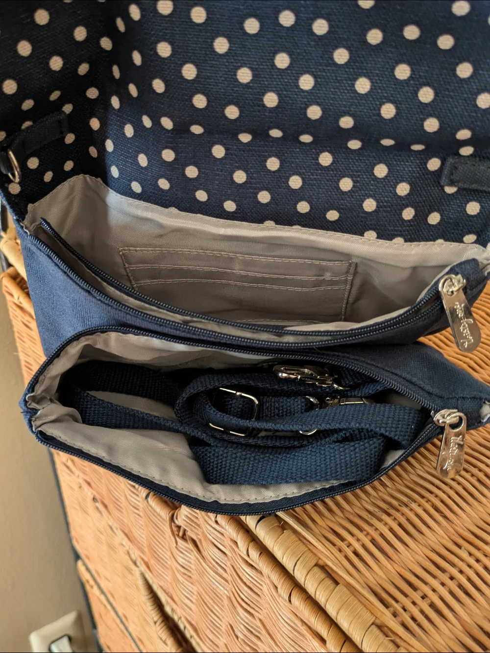 Thirty-One Polka Dot Navy Canvas Clutch Wallet with Brown Accent